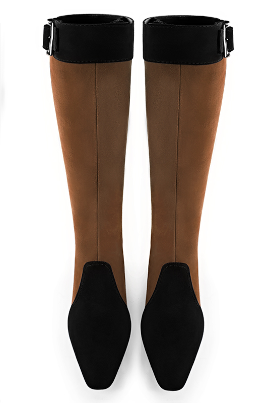 Matt black and caramel brown women's feminine knee-high boots. Square toe. Medium block heels. Made to measure. Top view - Florence KOOIJMAN